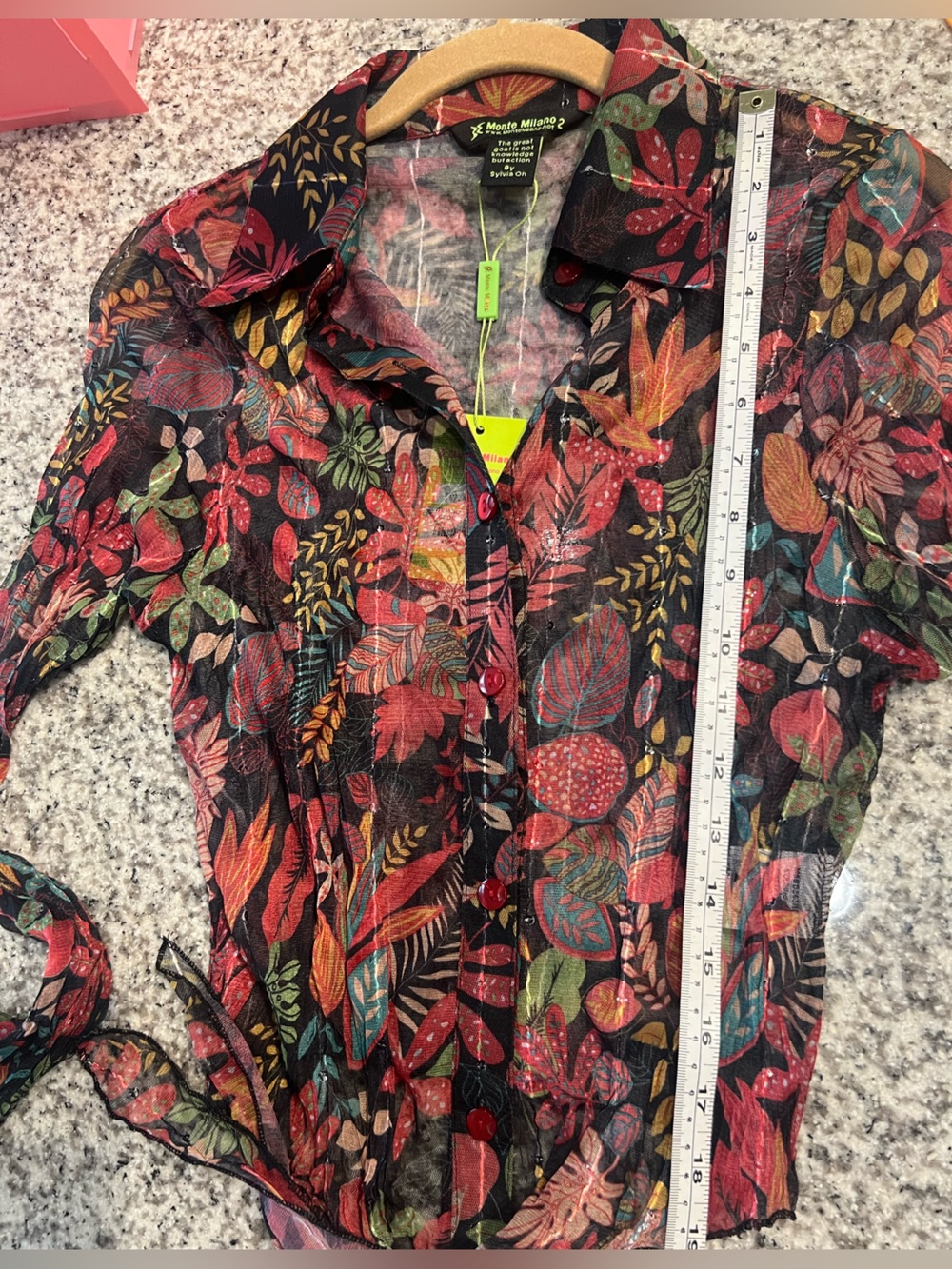 Monte Milano Sheer Mesh Black Floral Tie-Front Button-Down Blouse Size Medium
